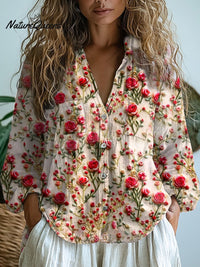 Shirley | Damen Retro Blumen Kunst Druck Freizeit Langarm Bequemes Baumwollshirt