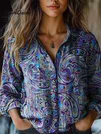 Cynthia | Damen Folk Flower Paisley Print Langarm Bequemes Baumwollhemd