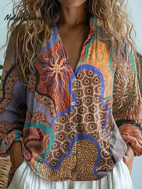Amy | Ethnischer Stil Tribal-Muster bedrucktes lässiges Damen Langarm-Shirt aus bequemer Baumwolle