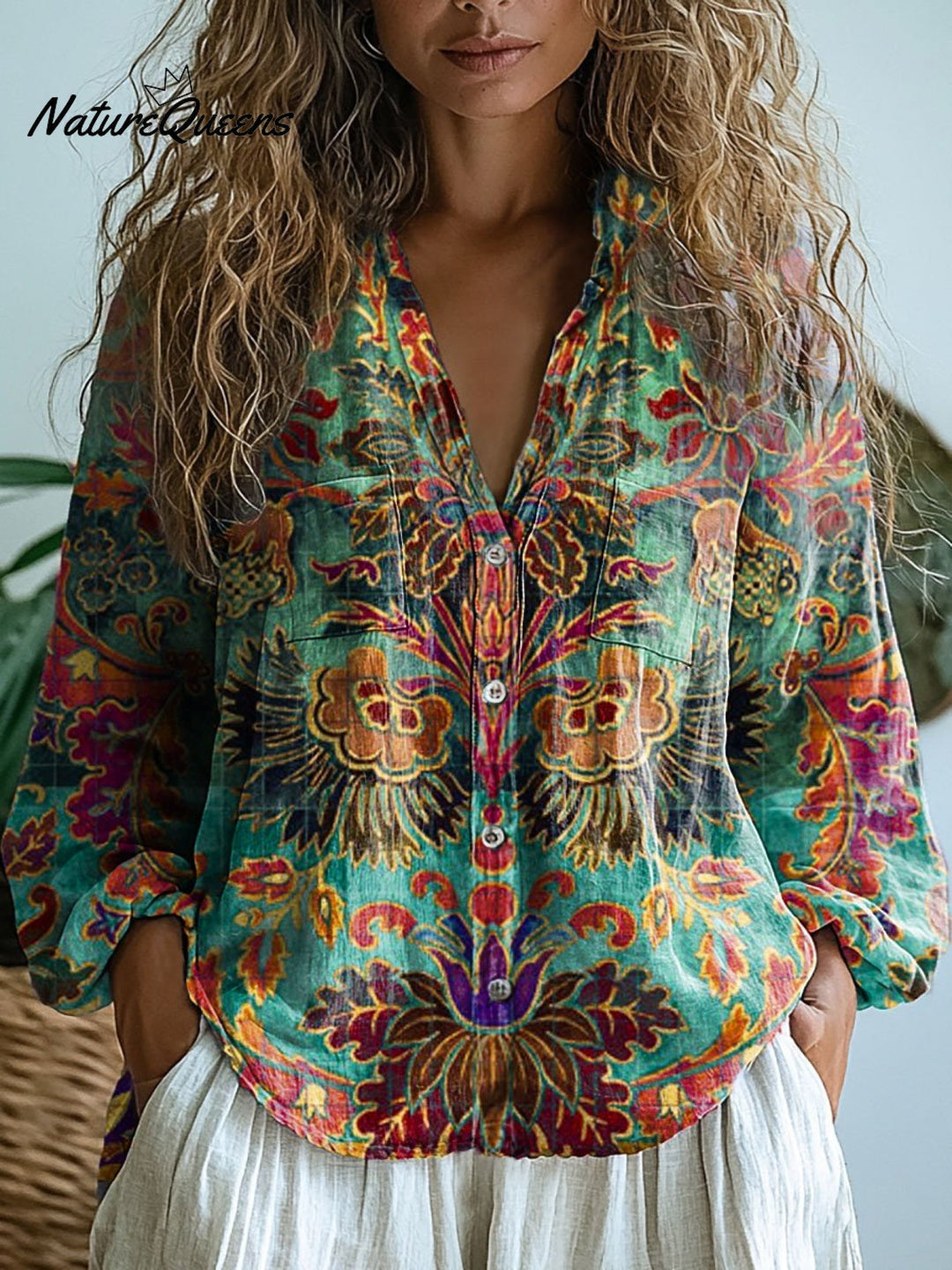 Laura | Damen Vintage Hübsches Floral Kunstdruck Lässiges Langarm Bequemes Baumwollshirt