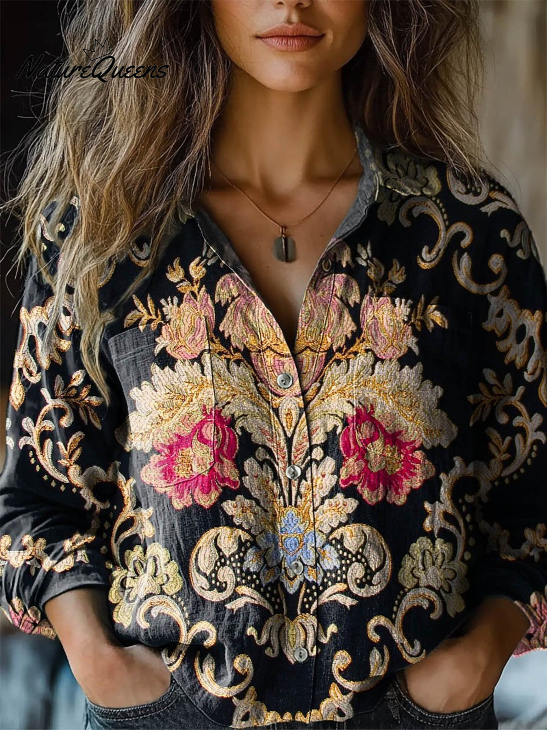 Kathleen | Damen Vintage Hübsches Floral Kunstdruck Lässiges Langarm Bequemes Baumwollshirt