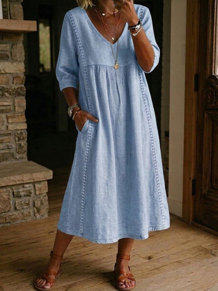 Sheena | Lässiges, lockeres Patchwork-Kleid mit Spitzenbesatz aus Leinen und Baumwolle