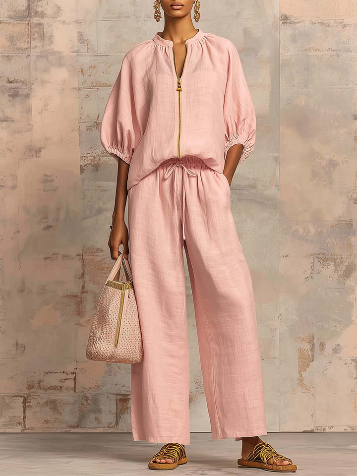 Hailey | Stylisches Gemütliches Shirt Weite Hosen Leinen Baumwolle Zwei-Teile Set