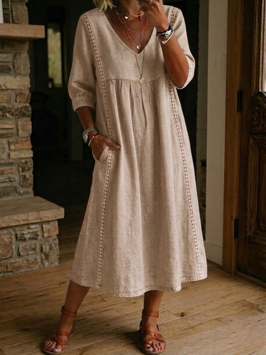 Sheena | Lässiges, lockeres Patchwork-Kleid mit Spitzenbesatz aus Leinen und Baumwolle
