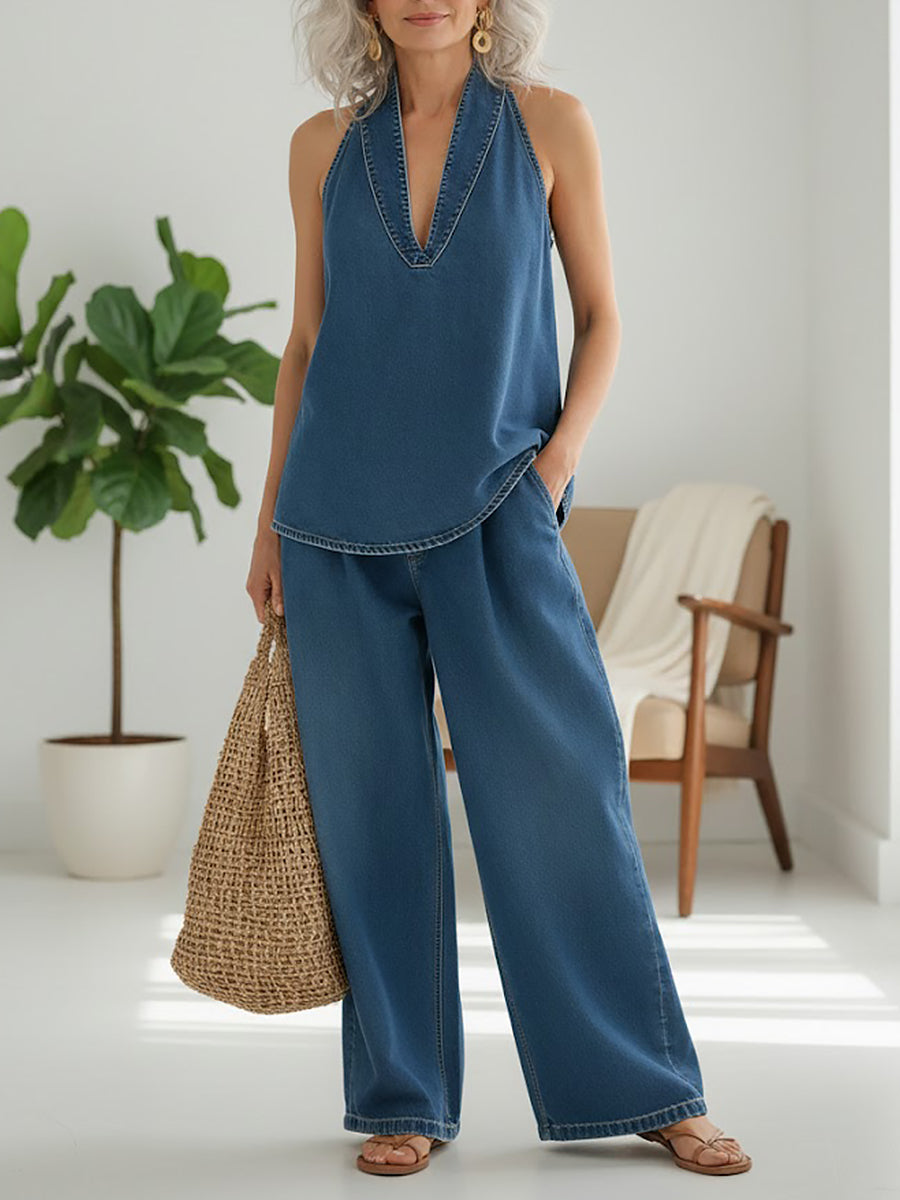 Lorea | Vintage gewaschenes, weiches Denim-Look Zweiteiliges Set