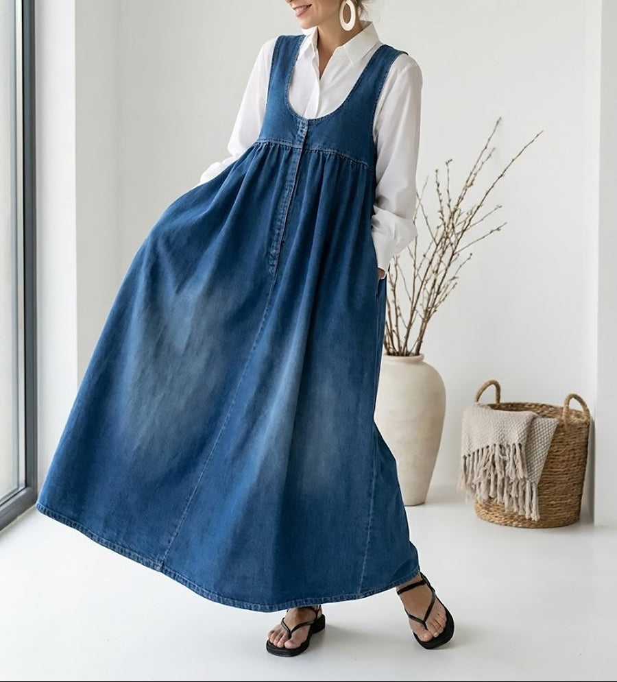 Loretta | Vintage gewaschenes, weiches Baumwollgefühl Denim-Maxikleid
