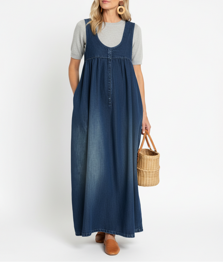 Loretta | Vintage gewaschenes, weiches Baumwollgefühl Denim-Maxikleid