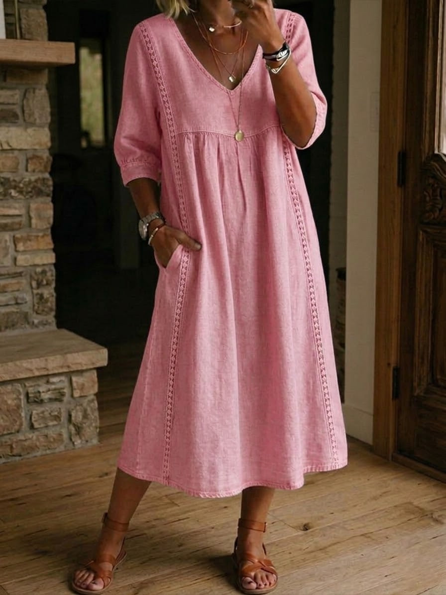 Sheena | Lässiges, lockeres Patchwork-Kleid mit Spitzenbesatz aus Leinen und Baumwolle