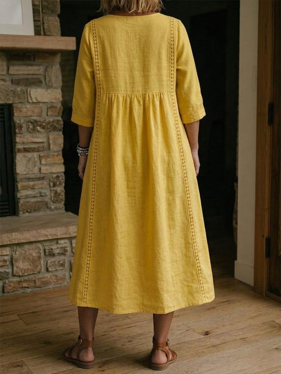 Sheena | Lässiges, lockeres Patchwork-Kleid mit Spitzenbesatz aus Leinen und Baumwolle
