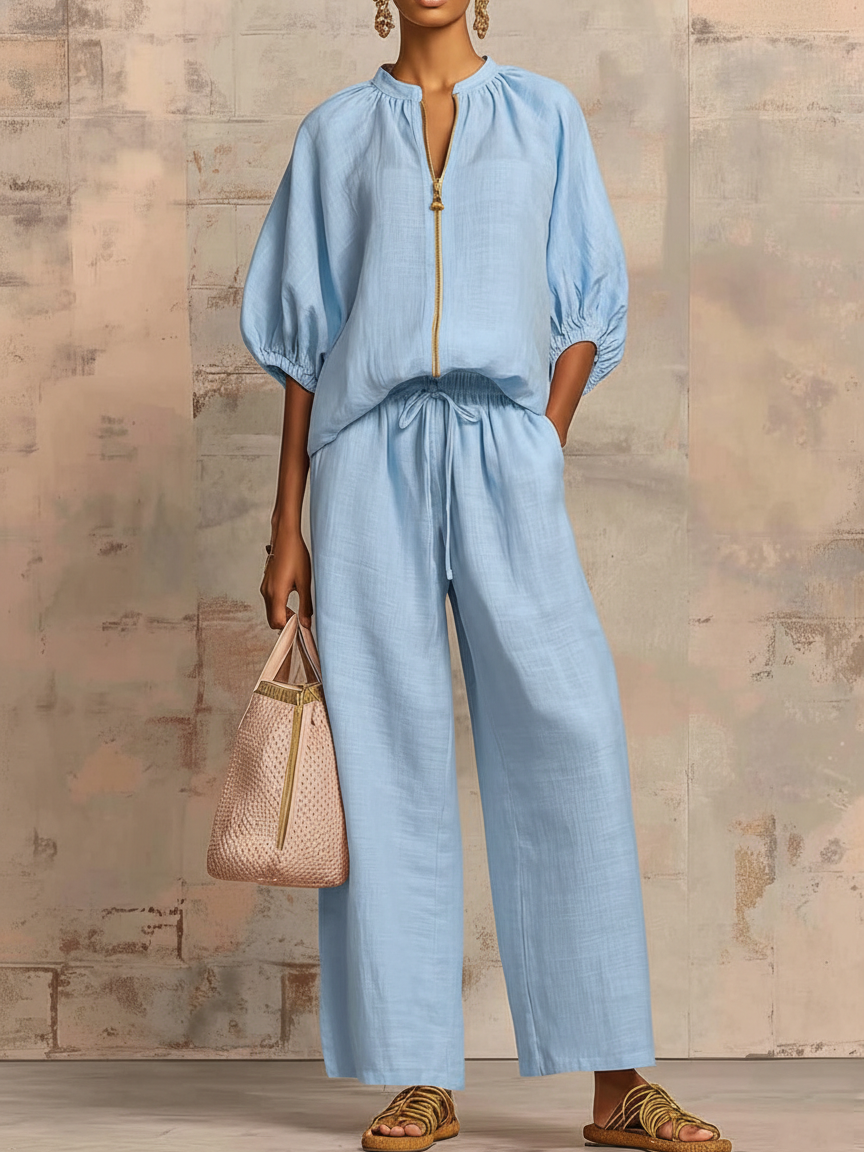 Hailey | Stylisches Gemütliches Shirt Weite Hosen Leinen Baumwolle Zwei-Teile Set